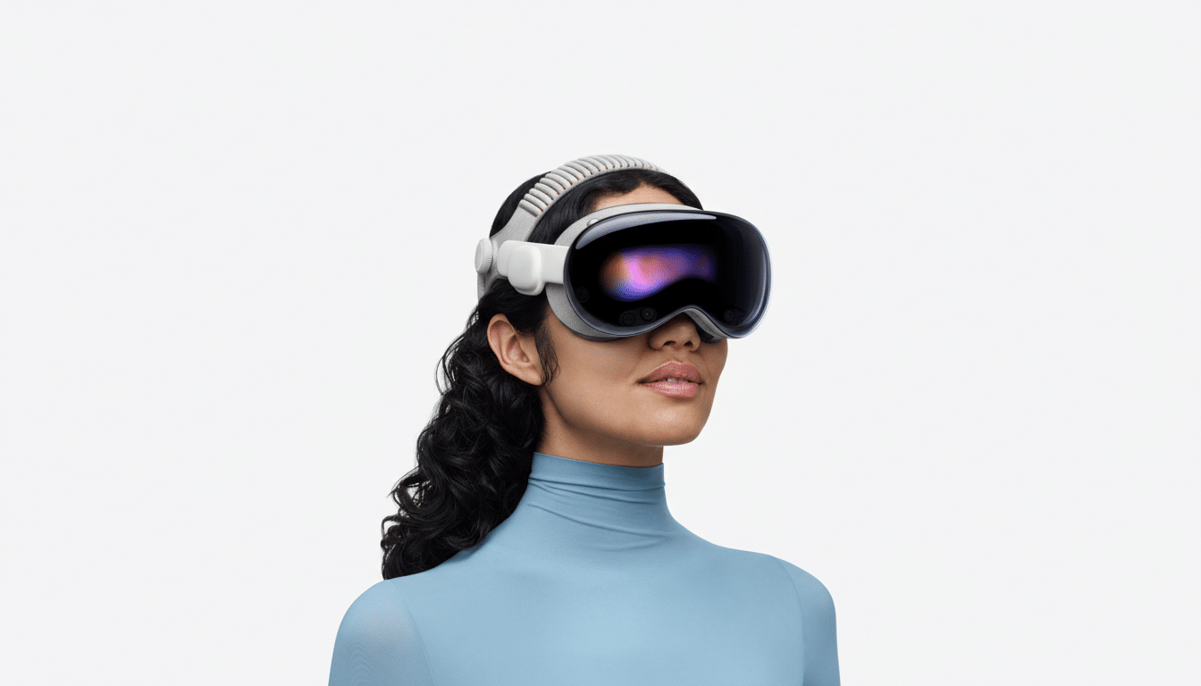 A woman wearing a virtual reality headset, resized to a 16:9 aspect ratio.