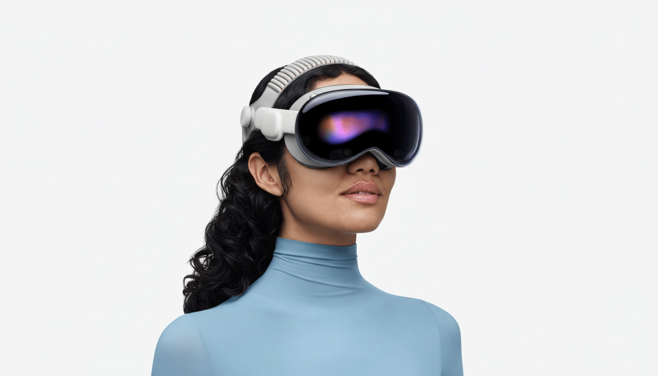 A woman wearing a virtual reality headset, looking slightly upwards.
