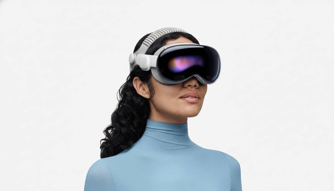 A woman wearing a virtual reality headset, looking slightly upwards.