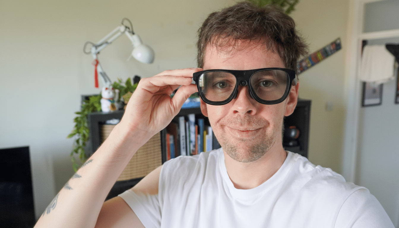 A man wearing black smart glasses, adjusting them with his right hand, looking directly at the camera.