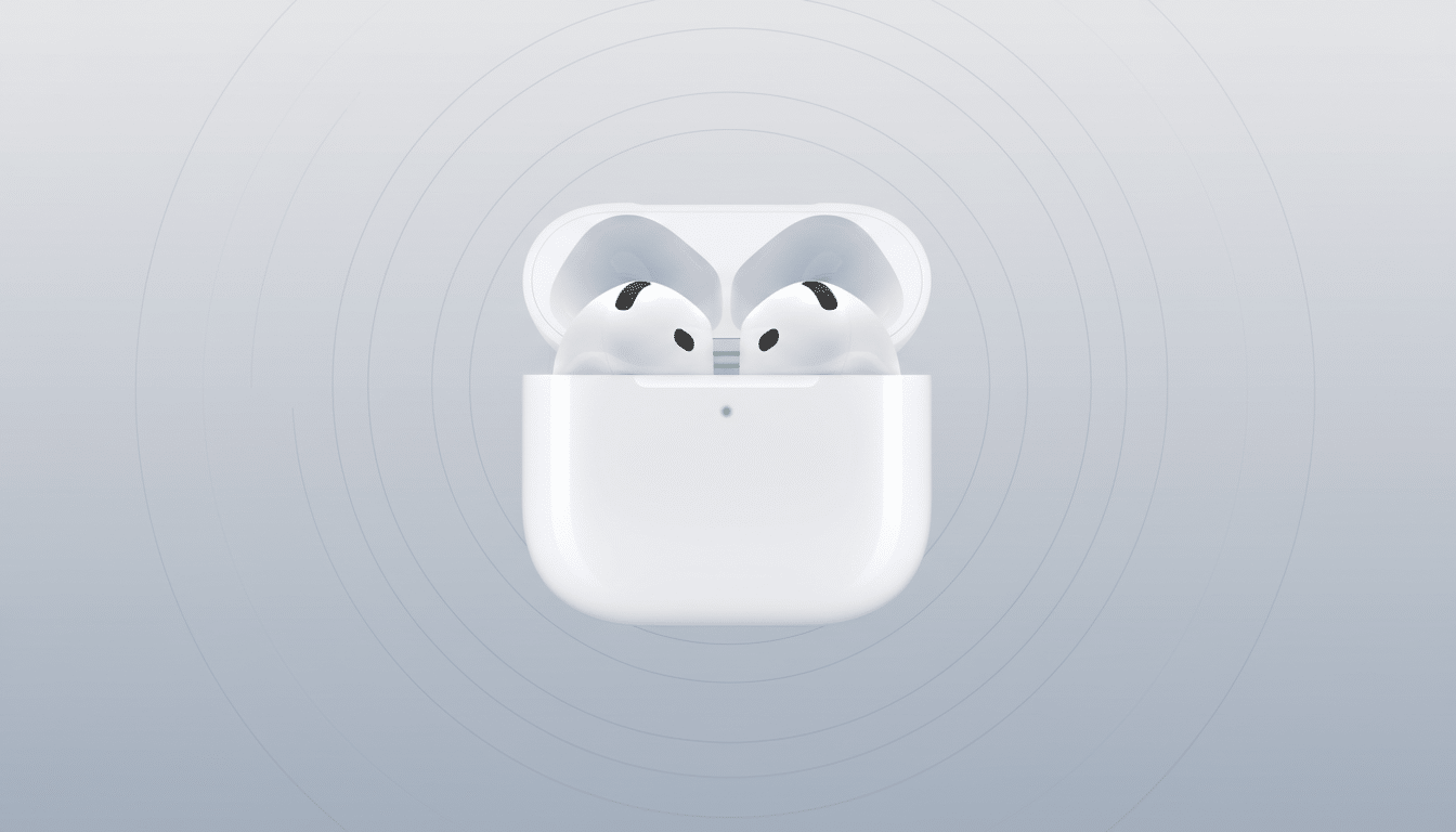 A pair of white Apple AirPods Pro in their open charging case, centered on a professional flat design background with subtle concentric circle patterns and a soft gray gradient.