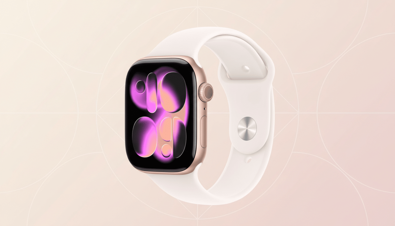 A gold Apple Watch with a white band, displaying a pink and orange abstract watch face, set against a soft pink gradient background with subtle circular patterns.