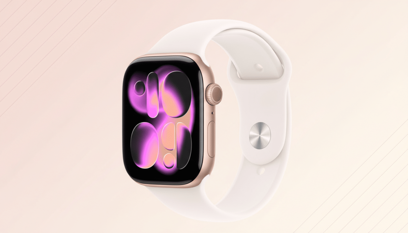 A gold Apple Watch with a white band, displaying a pink and orange abstract watch face, set against a soft, light pink gradient background with subtle diagonal lines.