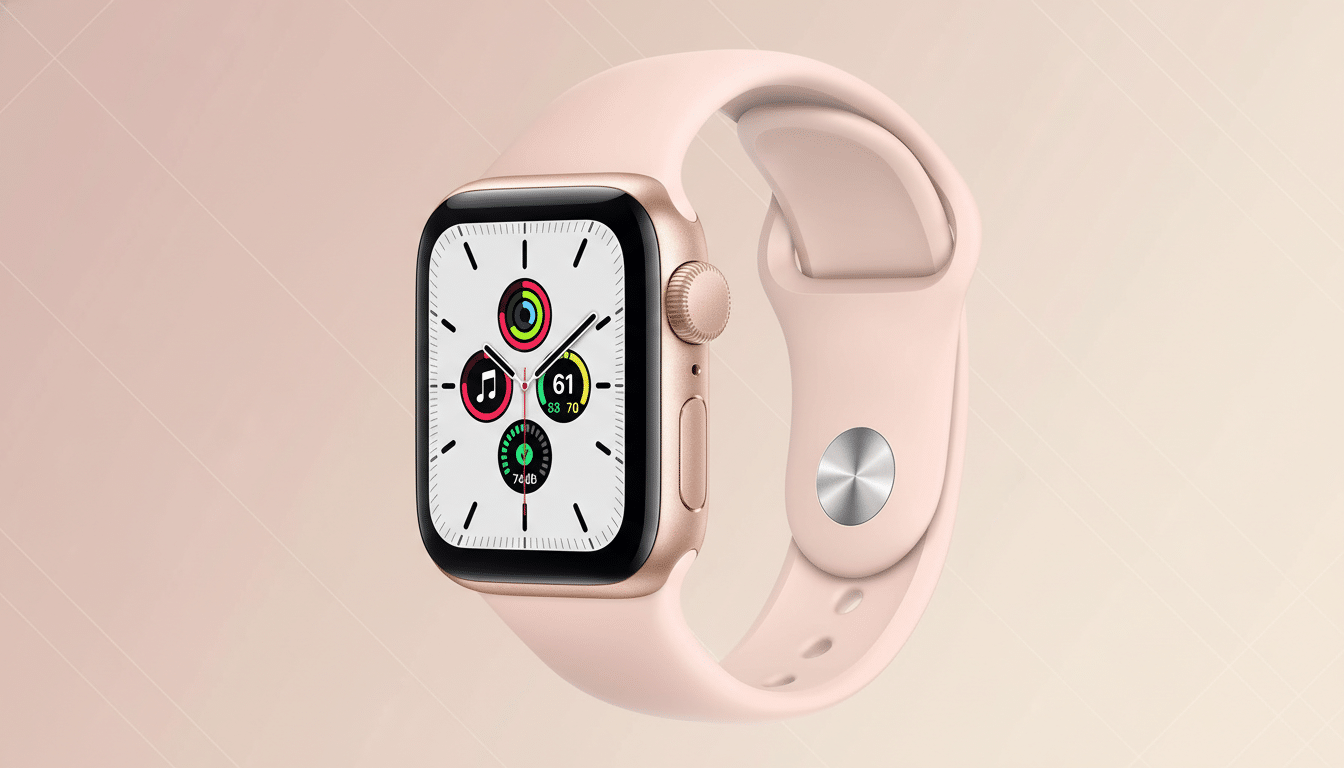A gold Apple Watch SE with a pink sport band is displayed at a slight angle on a soft, gradient background.