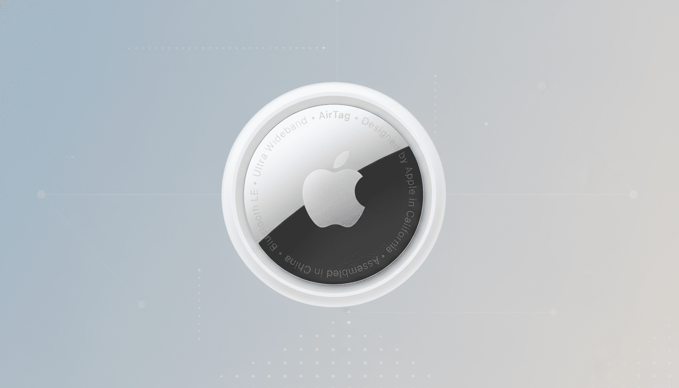 An Apple AirTag centered on a professional flat design background with soft blue and gray gradients and subtle geometric patterns.