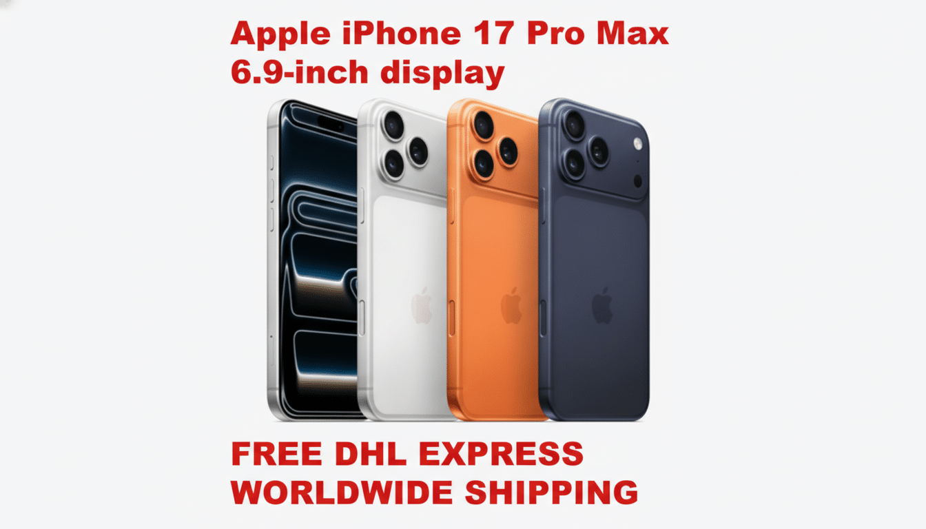 Four Apple iPhone 17 Pro Max phones in different colors (black, white, orange, and blue) are displayed on a light gray background. The text Apple iPhone 17 Pro Max 6.9-inch display is at the top, and FREE DHL EXPRESS WORLDWIDE SHIPPING is at the bottom, both in red.