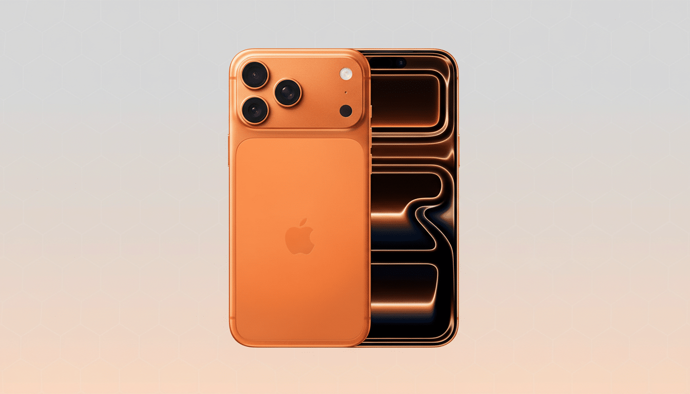 An orange iPhone with a dark screen displaying glowing orange lines, set against a professional gradient background with subtle geometric patterns.