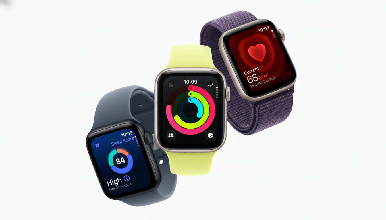 Three Apple Watches are displayed on a white background. The watch on the left has a dark blue band and shows a sleep score of 84. The middle watch has a light green band and displays activity rings. The watch on the right has a purple band and shows a heart rate of 68 BPM.