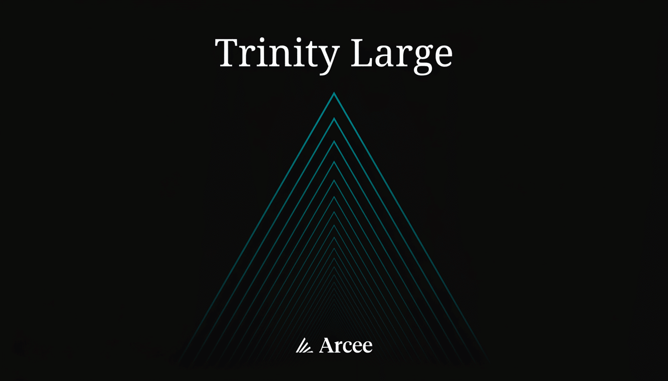 The Trinity Large logo with a teal triangular design and Arcee text, set against a dark background, resized to a 16:9 aspect ratio.