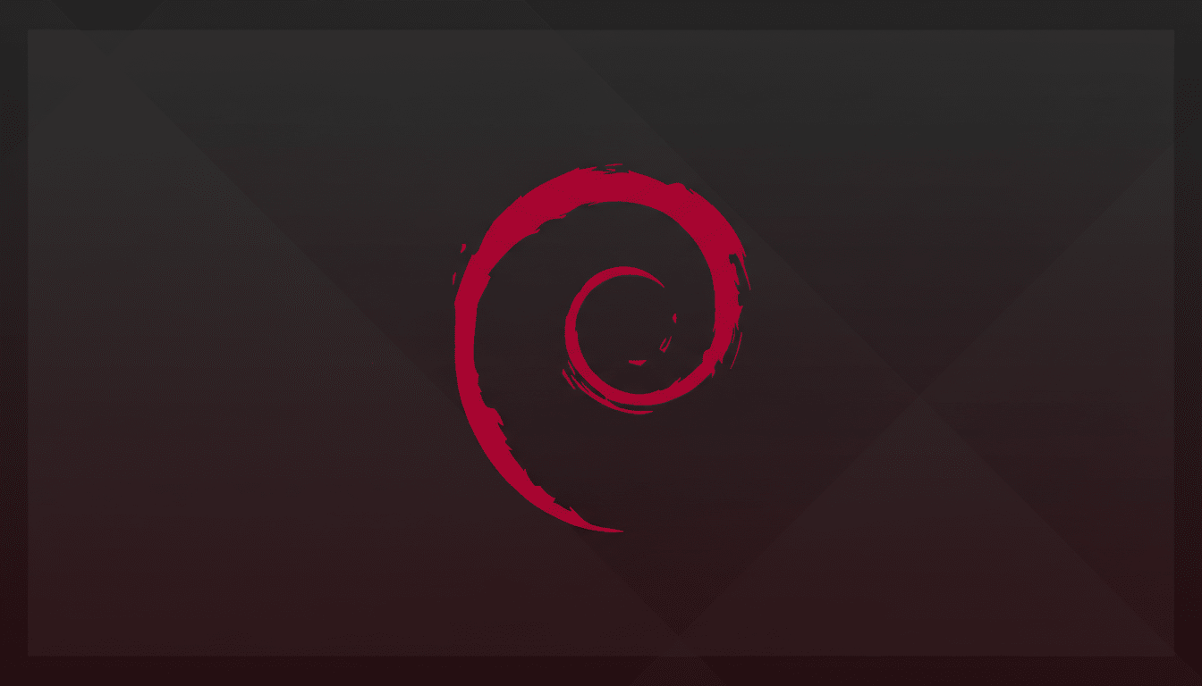 The Debian swirl logo in a deep red color, centered on a dark gray background with subtle geometric patterns and a soft gradient.
