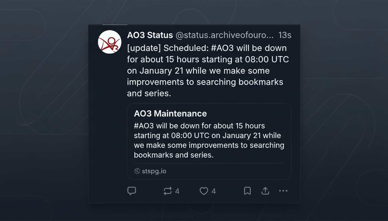 Archive of Our Own schedules outage for upgrades and maintenance