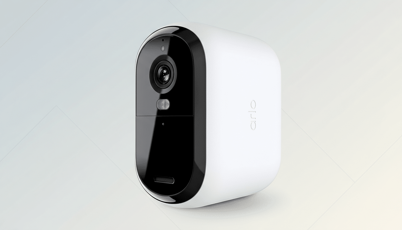 A white Arlo security camera with a black face, presented on a professional flat design background with soft patterns and gradients.