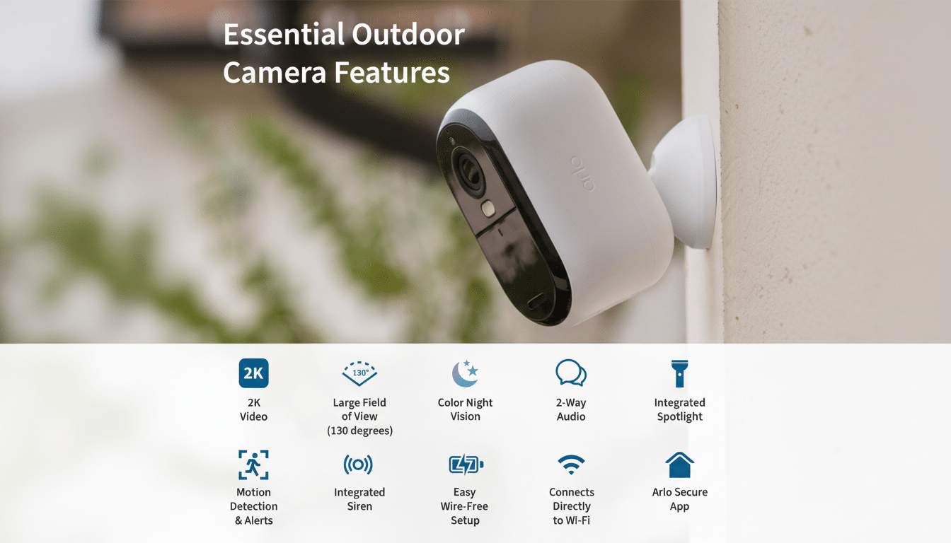 A white Arlo outdoor security camera mounted on a wall, with text overlay Essential Outdoor Camera Features and a grid of icons below detailing features like 2K video, 130-degree field of view, color night vision, 2-way audio, integrated spotlight, motion detection, integrated siren, easy wire-free setup, direct Wi-Fi connection, and Arlo Secure App.