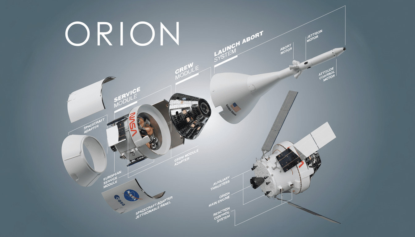 A detailed diagram of the Orion spacecraft, showing its various modules and systems, including the crew module, service module, and launch abort system, against a professional flat design background.