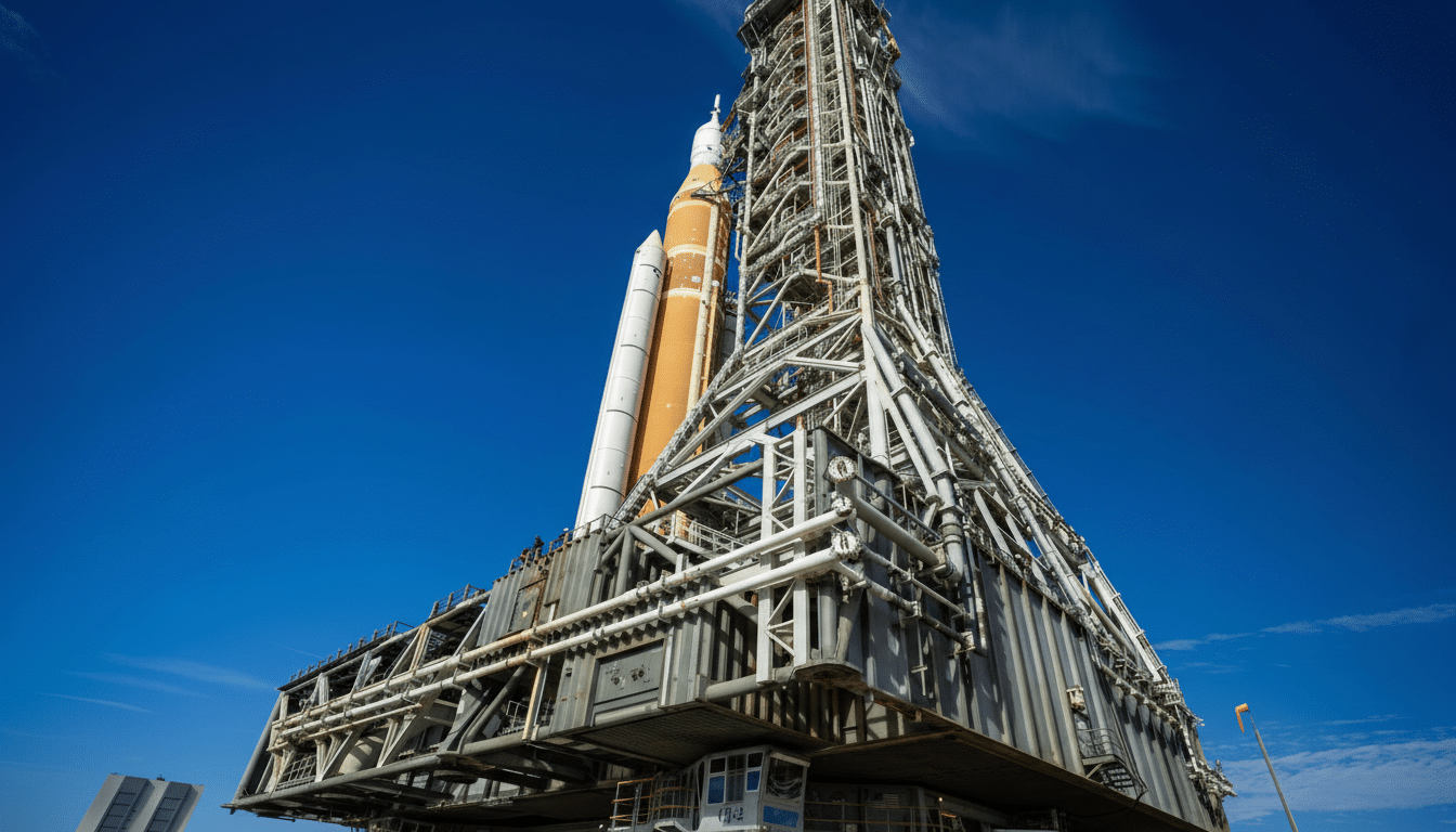 A large rocket, the Space Launch System, stands on a mobile launcher against a clear blue sky.