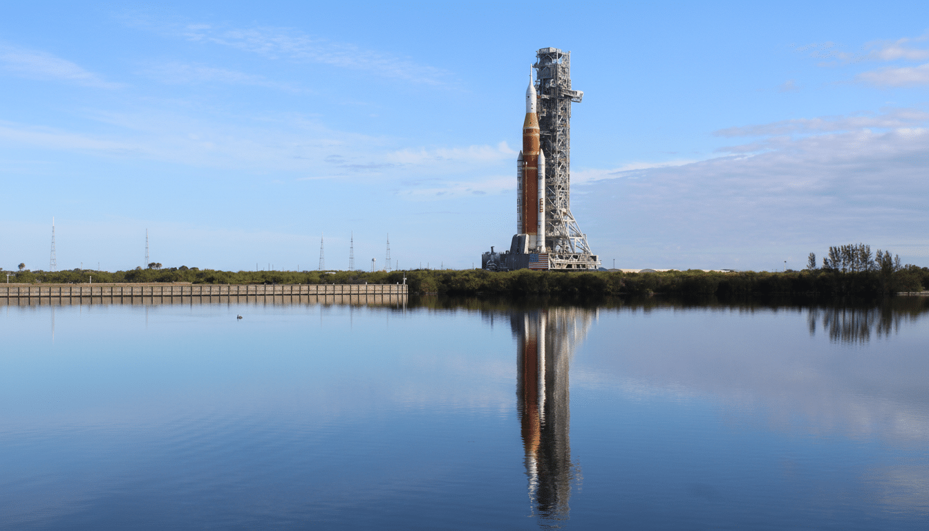 A large rocket on a launchpad, reflected in the calm water in the foreground.