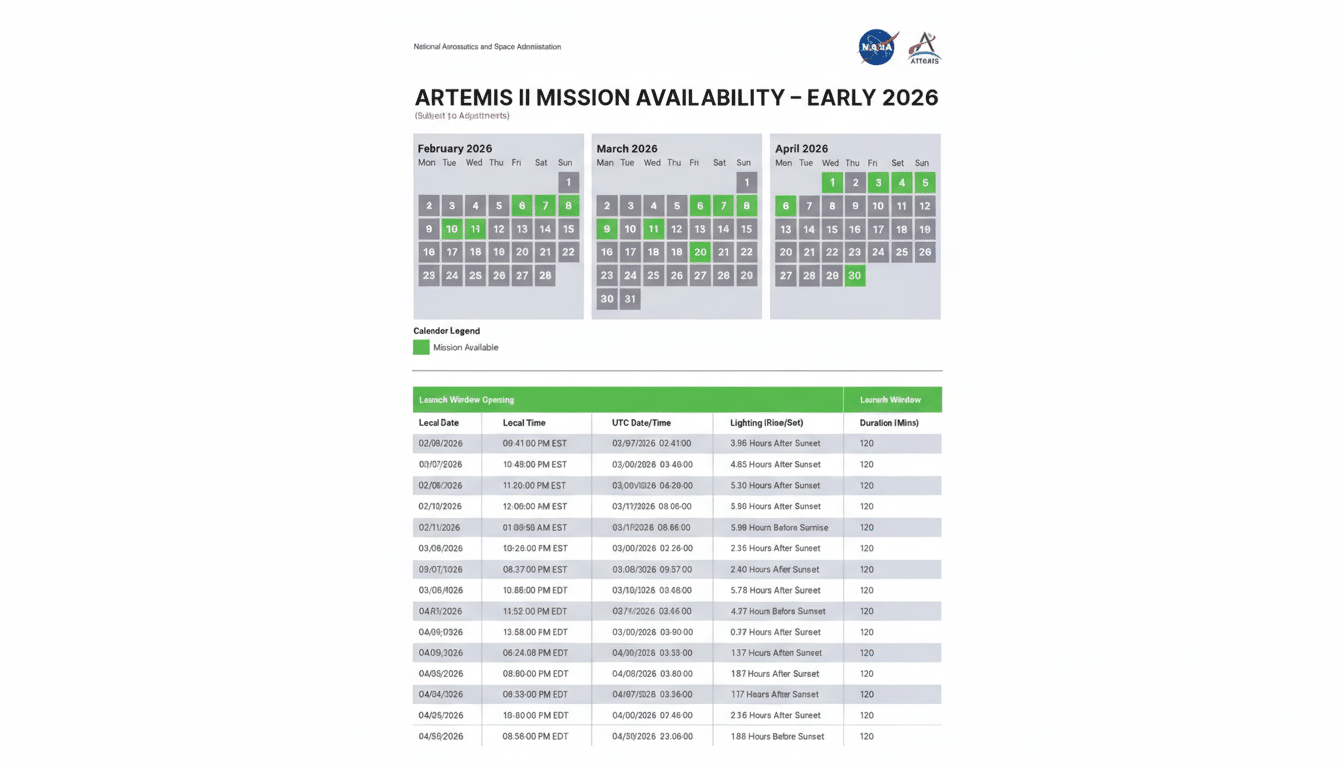 A calendar showing the Artemis II Mission Availability for early 2026, with launch windows highlighted in green.
