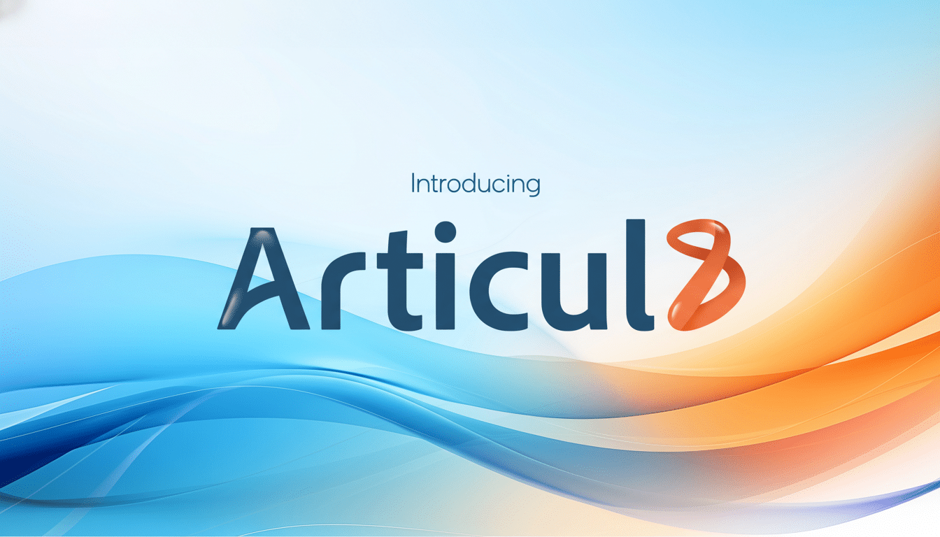 The word Introducing in small, dark blue text above the larger, stylized word Articul8. Articul is in dark blue, and the 8 is a red-orange, infinity-like symbol. The background features flowing, abstract waves in shades of blue on the left and orange on the right, blending into a light, almost white center.