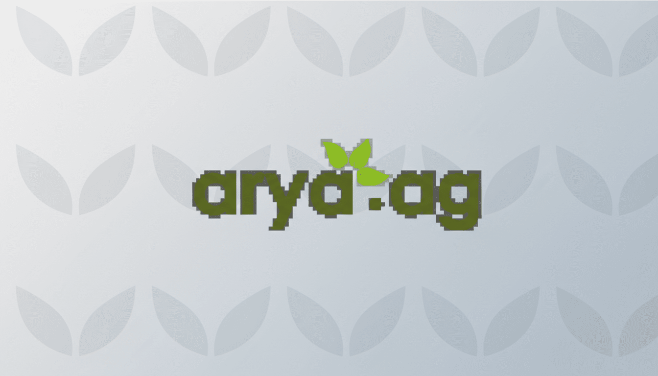 The Arya.ag logo, featuring the word arya.ag in dark green with three light green leaves above the y and a, presented on a professional light grey background with subtle leaf patterns.