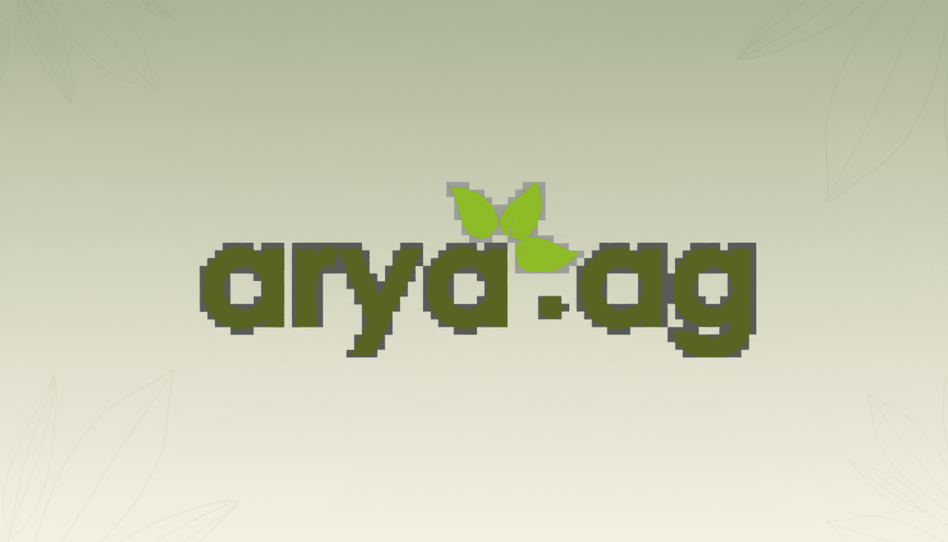 The Arya.ag logo, featuring the word arya.ag in dark green pixelated font with three light green leaves above the y, set against a professional light green gradient background with subtle leaf patterns.