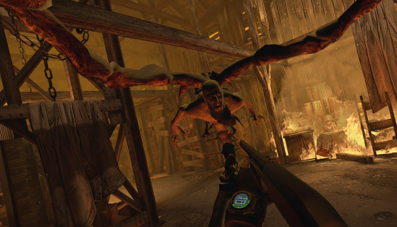 A first-person perspective in a video game shows a player aiming a shotgun at a grotesque, winged creature with a human-like torso and a screaming face, in a burning, dilapidated wooden structure.