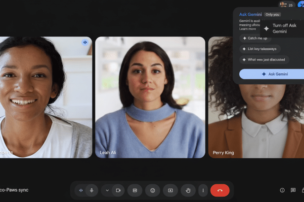 A screenshot of a Google Meet video call with three participants and a pop-up menu for Ask Gemini on the right side.