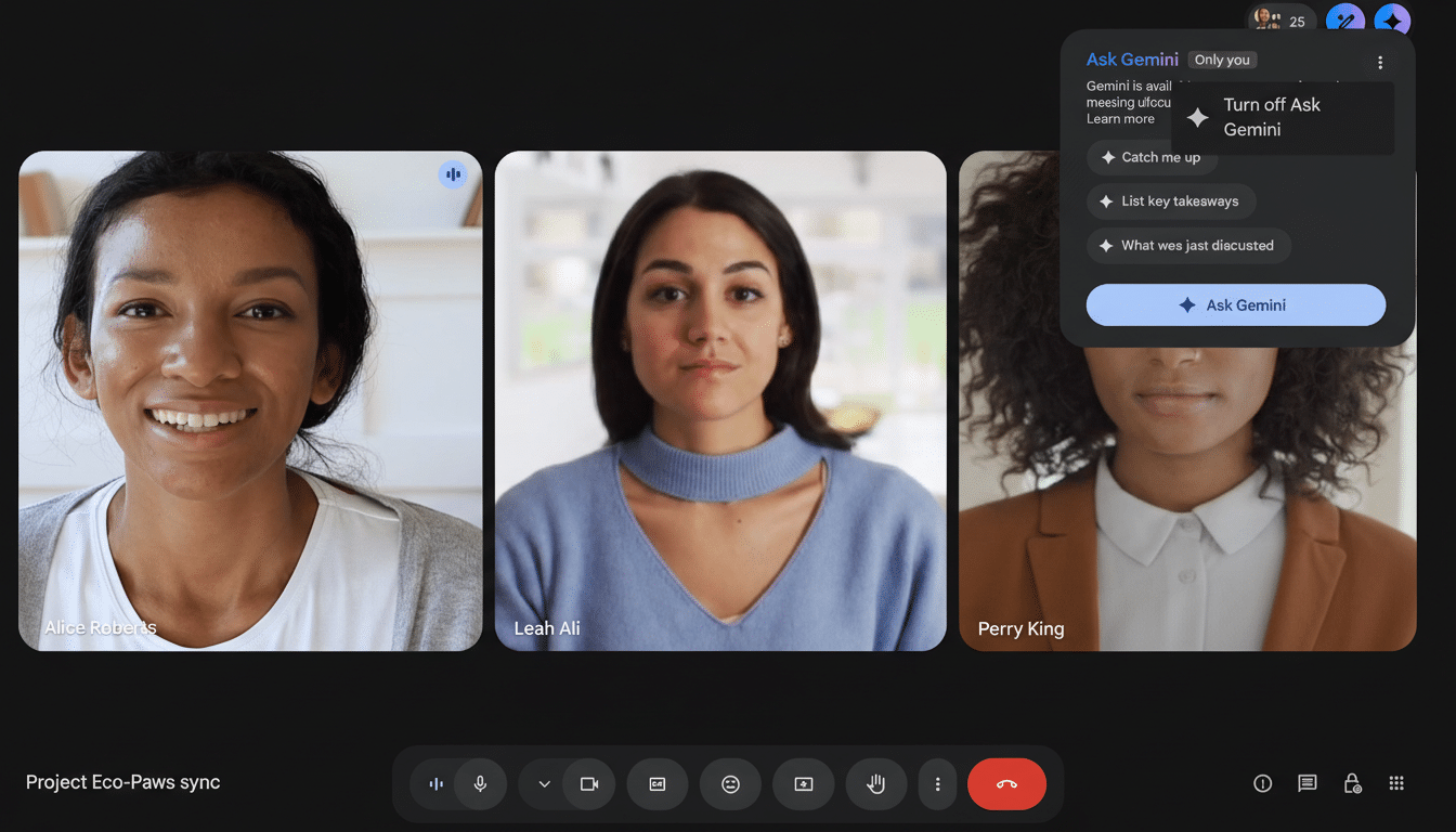 A screenshot of a Google Meet video call with three participants and a pop-up menu for Ask Gemini on the right side.