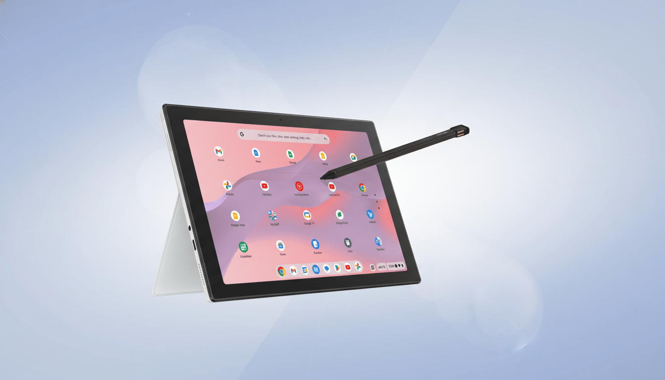 A white and black tablet with a stylus floating above it, set against a light blue and white gradient background with soft, circular patterns. The tablet screen displays various app icons.