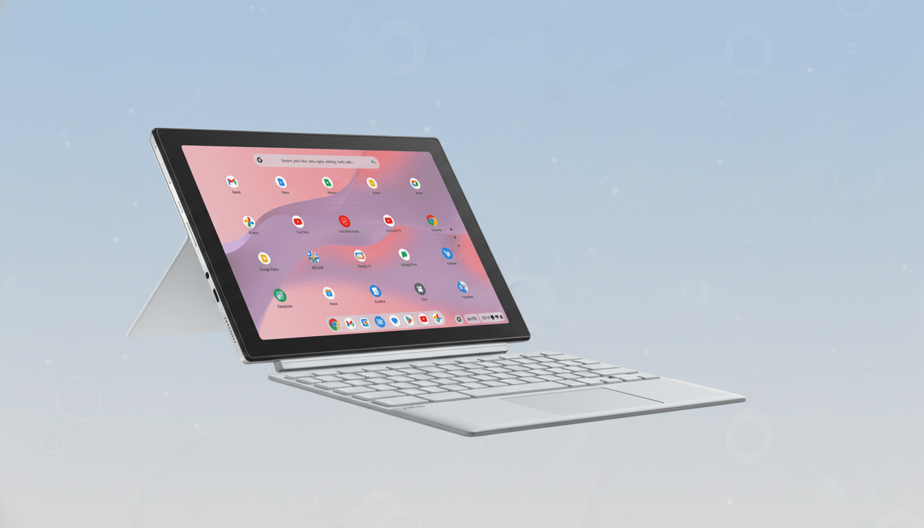 A white tablet with a detachable keyboard, displaying a colorful app interface, set against a professional light blue background with subtle circular patterns.