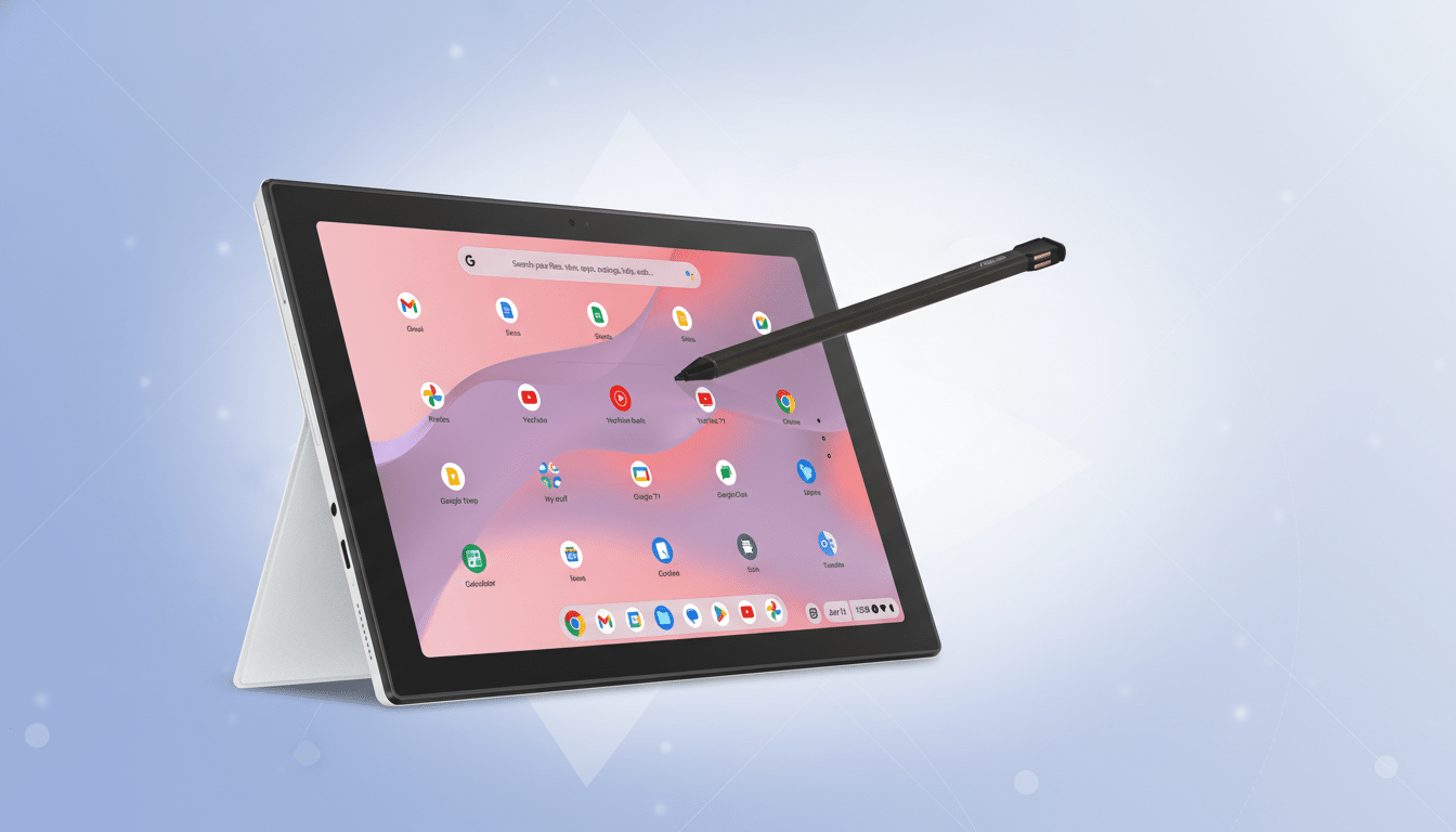 A white and black tablet with a stylus hovering over its screen, displaying various app icons on a professional flat design background with soft patterns and gradients.