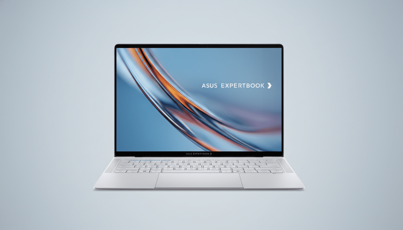 A silver ASUS ExpertBook laptop with a light blue and orange abstract wallpaper on the screen, set against a professional light gray background.