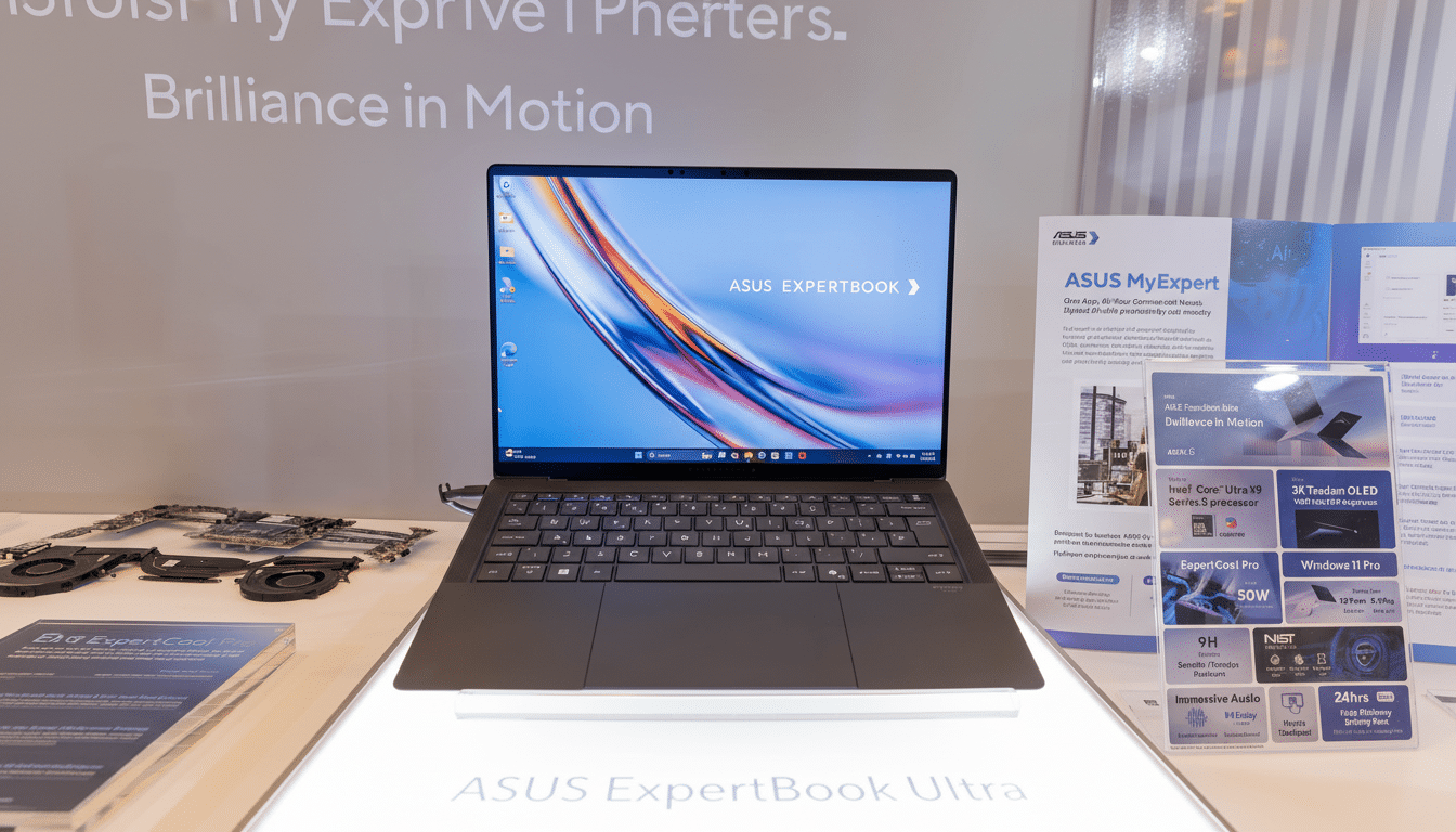 A black ASUS ExpertBook laptop displayed on a white stand, with its screen showing a colorful abstract wallpaper and the ASUS EXPERTBOOK logo. To the right, a vertical display board details features of ASUS MyExpert and the laptop, including Intel Core Ultra 9 Series 3 processor and 3K Tandem OLED. The background features a blurred wall with Brilliance in Motion text.
