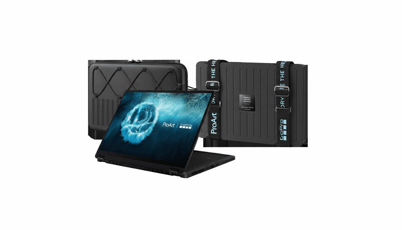 A black laptop with a blue and white abstract image on its screen, positioned in front of two black protective cases.