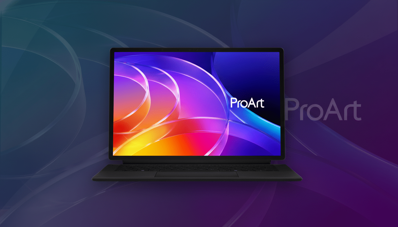 A black laptop with a colorful screen displaying ProArt on a gradient background with subtle patterns.