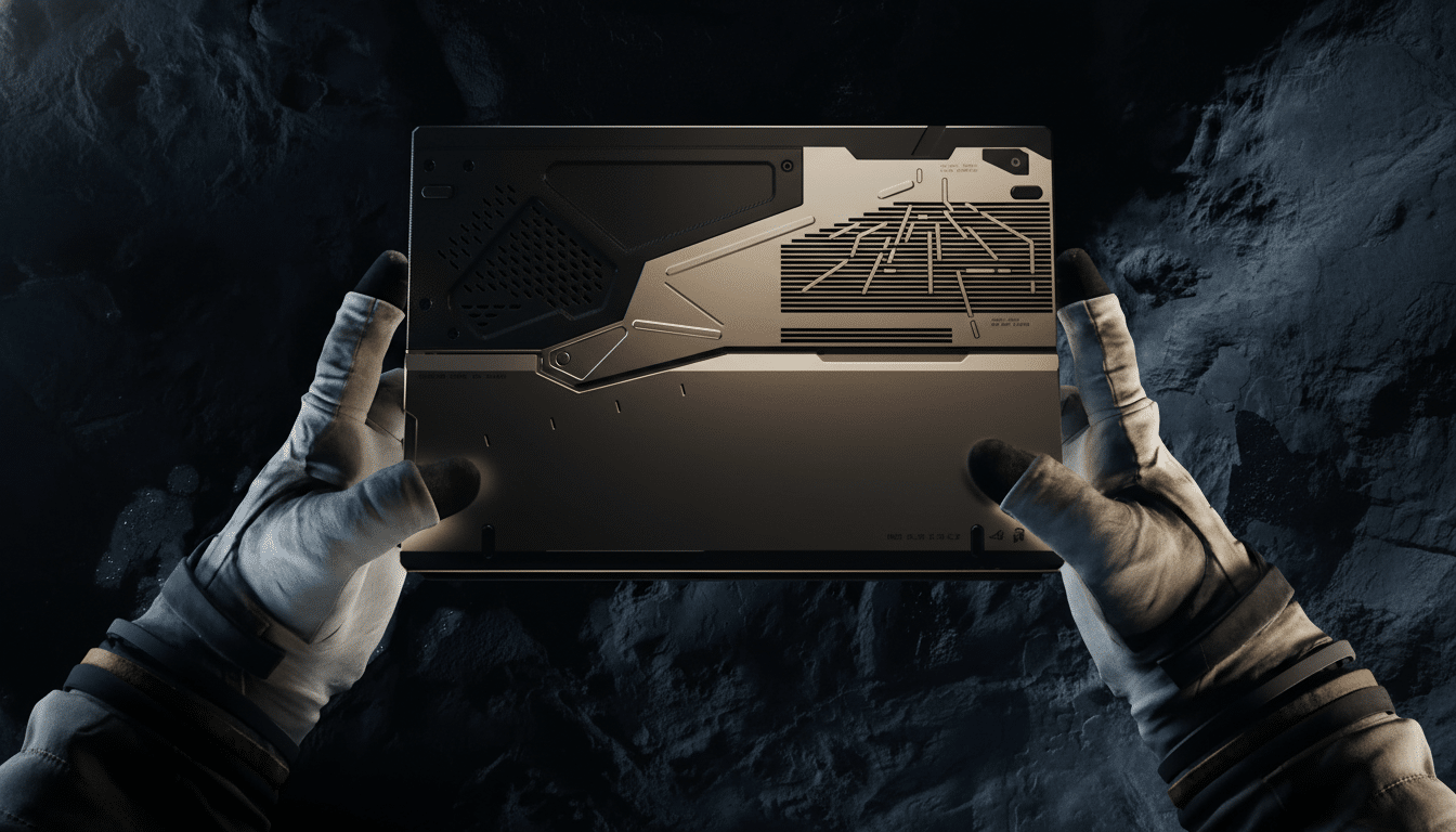 A pair of gloved hands, likely belonging to an astronaut, holding a sleek, futuristic laptop with intricate designs on its back, against a dark, textured background resembling a lunar surface.