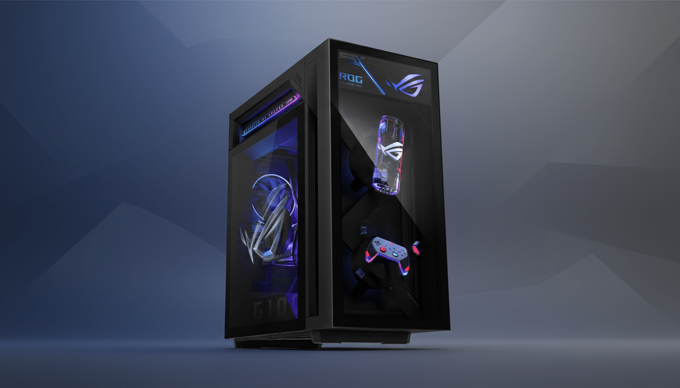 A sleek, black gaming PC case with transparent panels showcasing internal components illuminated with blue and purple LED lights. The case features ROG branding and a gaming controller displayed inside. The background is a professional flat design with soft blue and purple gradients and subtle geometric patterns.