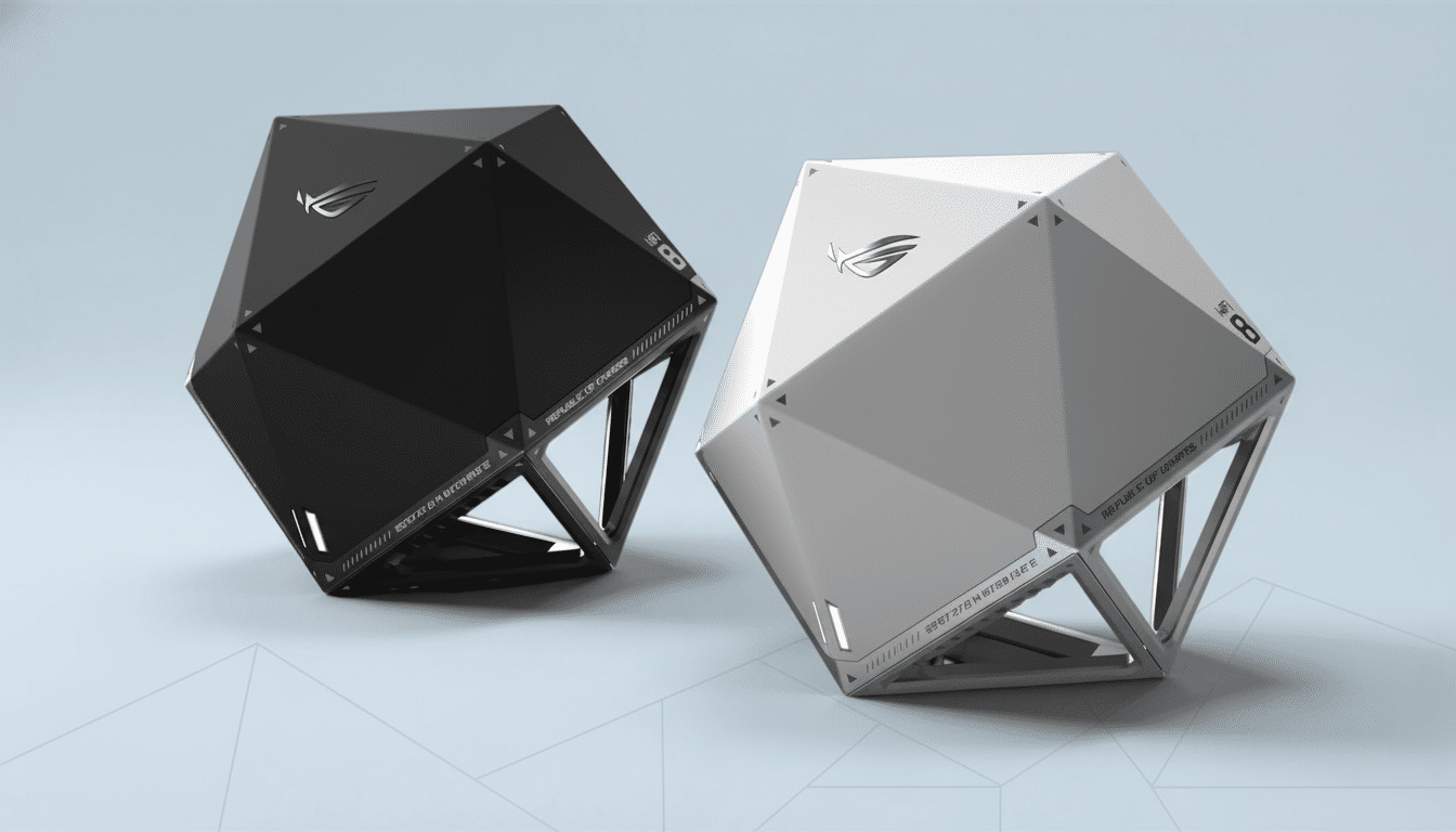 A black and a white polygonal computer case, both with the ROG logo, are displayed on a light blue background with subtle geometric patterns.
