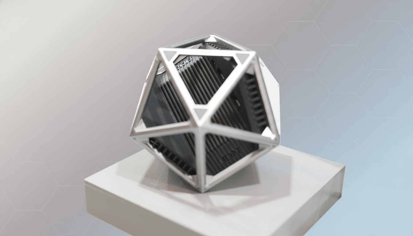 A professional image of a dodecahedron-shaped computer case with a white and gray frame, showcasing its internal components, set against a subtle gradient background with a hexagonal pattern.