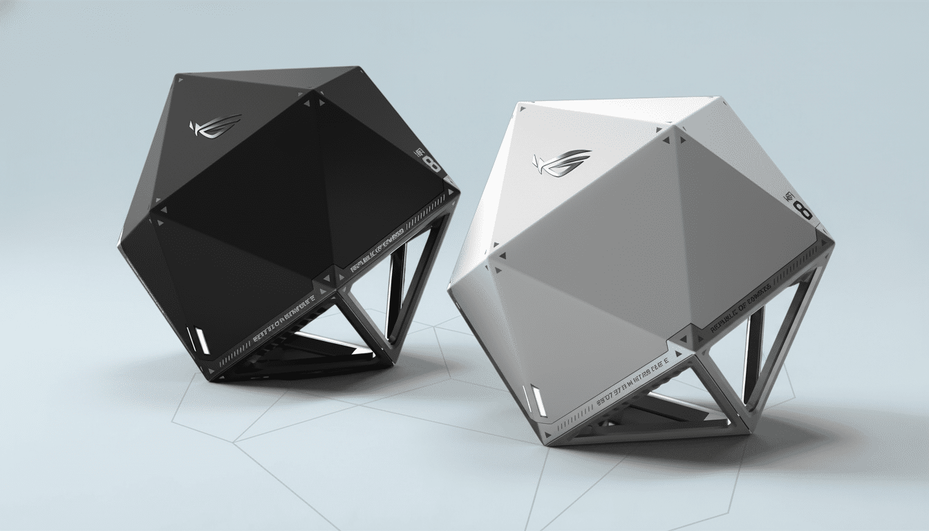 A black and a white polygonal computer case, both with the ROG logo, are displayed on a light grey background with subtle geometric patterns.
