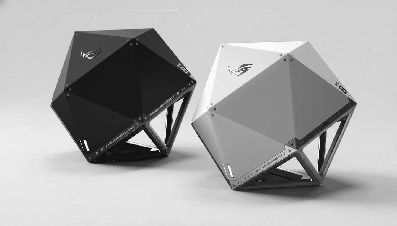 A black and a white polygonal computer case, both with the ROG logo, are displayed on a light gray background.