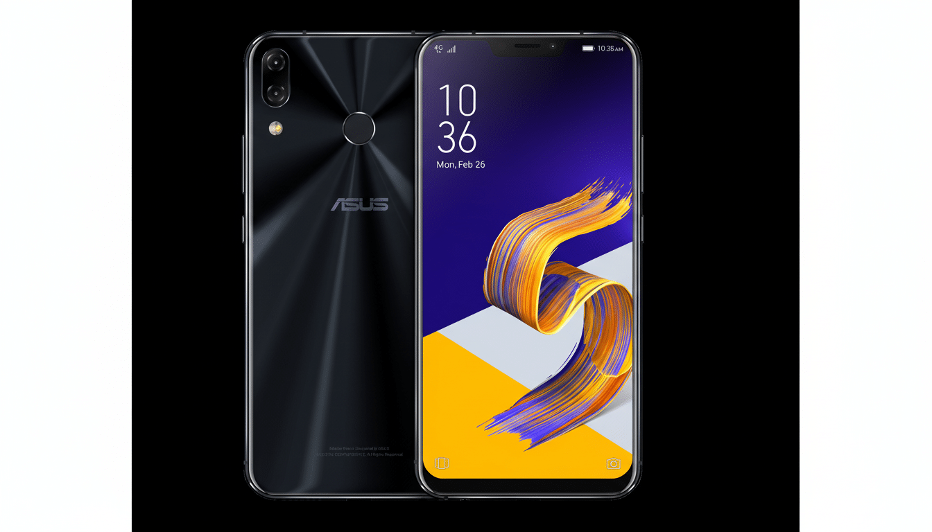 A black ASUS smartphone, shown from the front and back, with a professional flat design background.