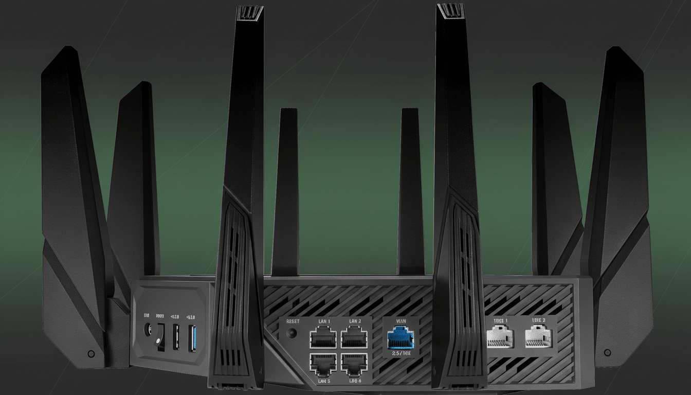 A black ASUS ROG Rapture GT-AXE16000 gaming router with eight antennas, viewed from the rear, showcasing its various ports including USB, LAN, WAN, and 10GE, set against a professional dark green background with subtle geometric patterns.
