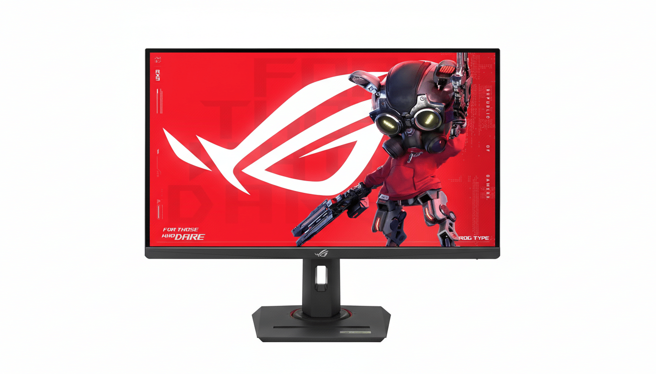 A professional image of an ASUS ROG gaming monitor, resized to a 16:9 aspect ratio, featuring a red screen with a white ROG logo and a stylized character. The monitor is presented against a clean white background.