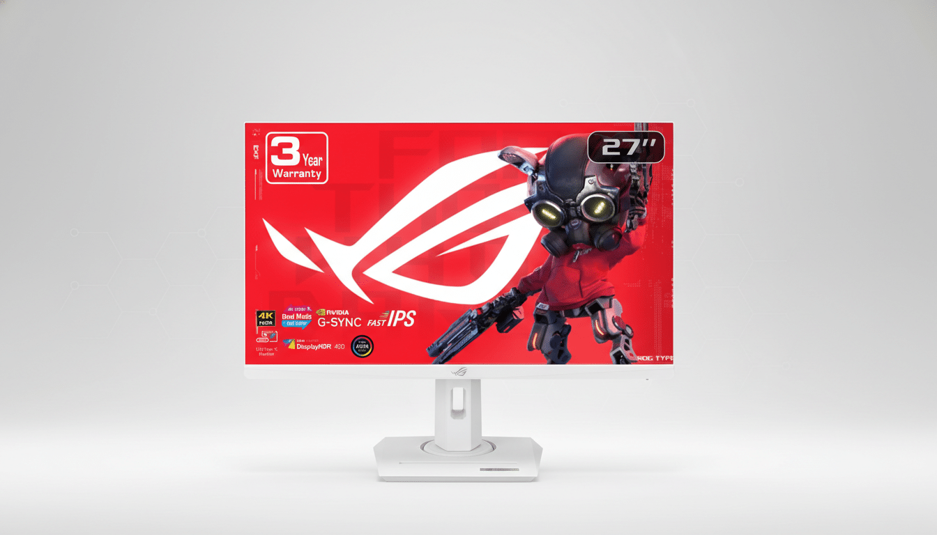 A white gaming monitor with a red screen displaying a character with a gas mask and the ROG logo, set against a light gray background with subtle grid patterns.