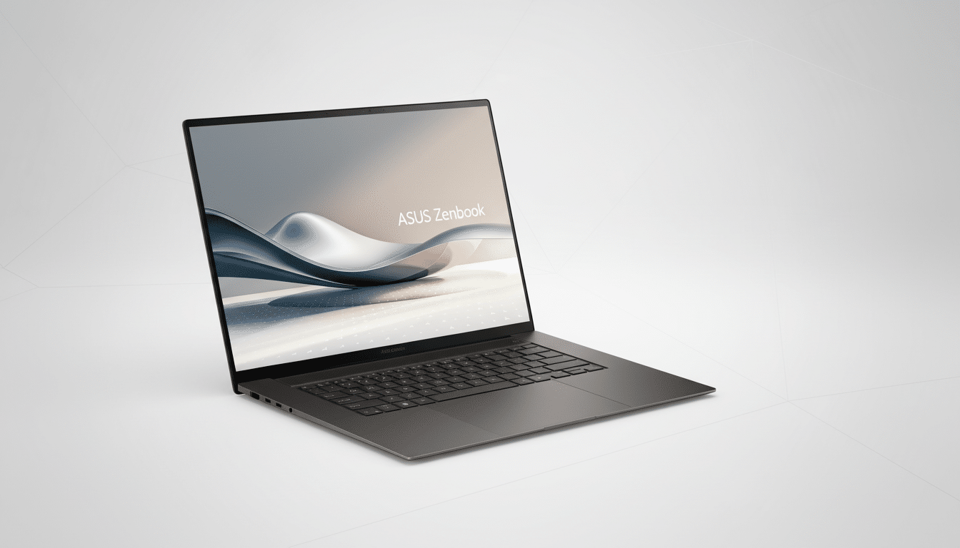 A dark gray ASUS Zenbook laptop is angled on a light gray background with subtle geometric patterns. The laptop screen displays the ASUS Zenbook logo with a flowing, abstract design.