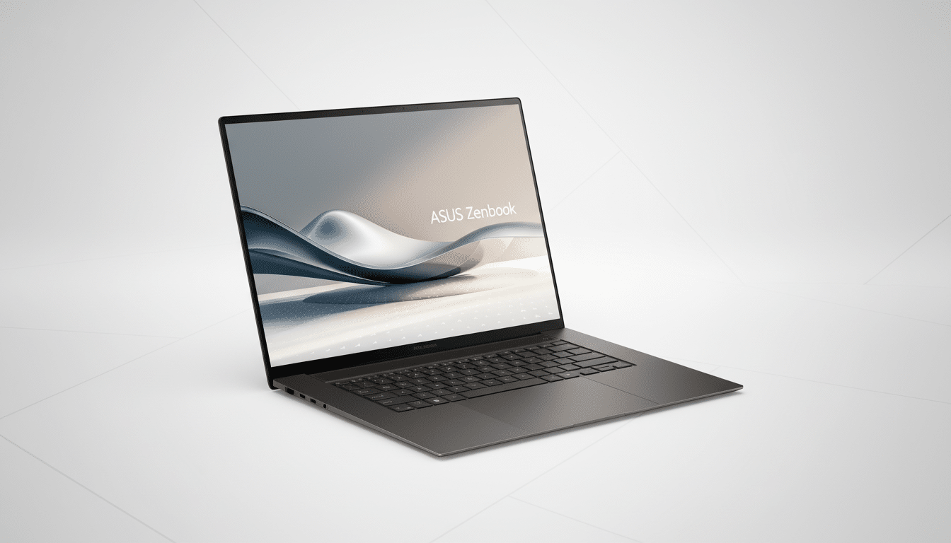 A dark gray ASUS Zenbook laptop is angled on a light gray background with subtle geometric patterns. The laptops screen displays ASUS Zenbook with an abstract, flowing design.