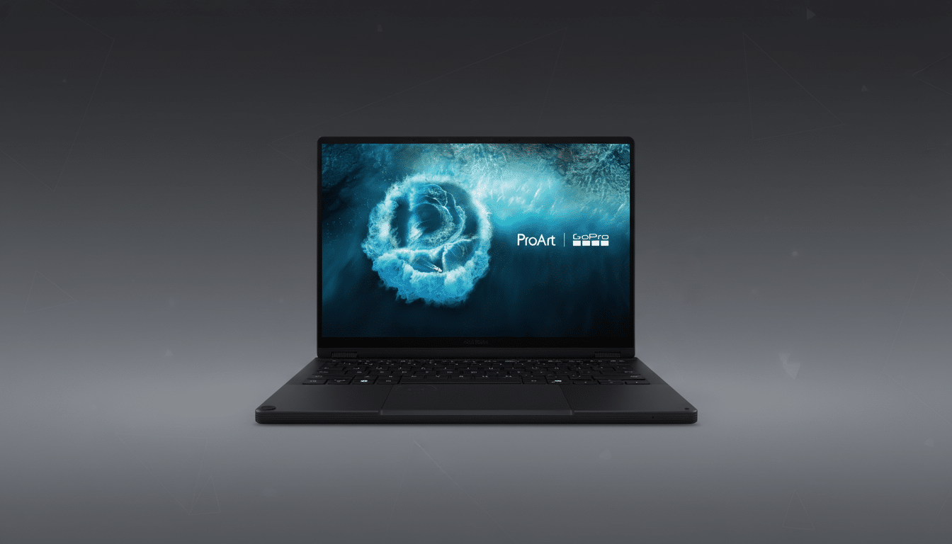 A black ASUS ProArt laptop with a screen displaying a blue wave design and the ProArt and GoPro logos, set against a professional dark gray background with subtle geometric patterns.
