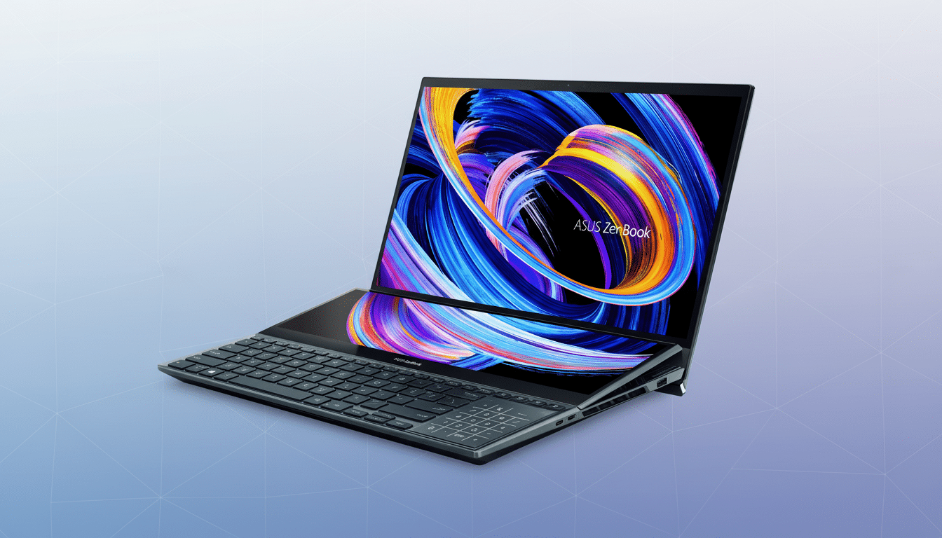 An ASUS ZenBook laptop with a dual screen, featuring a vibrant abstract wallpaper, set against a professional flat design background with soft patterns and gradients.