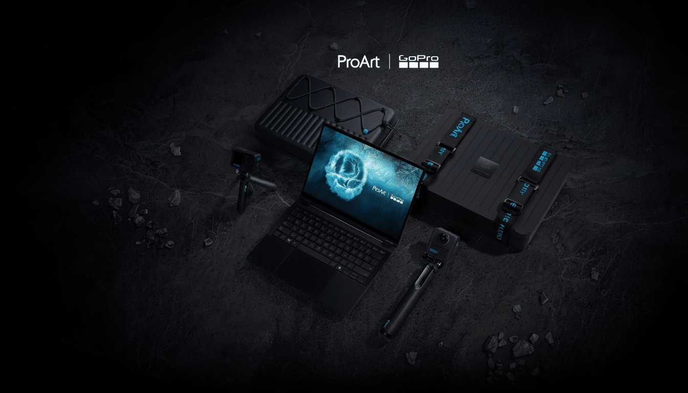 A professional overhead shot of a black laptop displaying a blue abstract design, surrounded by various black tech accessories including a camera on a tripod and a rectangular case, all set against a dark, textured background.