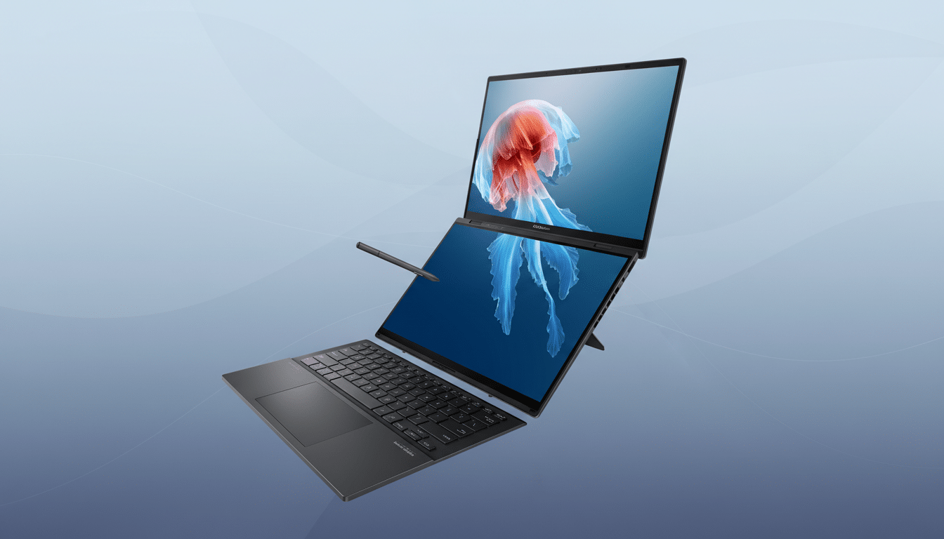 A black ASUS Zenbook Fold 17 laptop with a stylus hovering over its lower screen, set against a professional blue gradient background with subtle wave patterns.